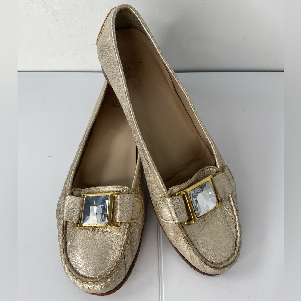 Stuart Weiztman Gold Metallic Womens Loafers w Decorative Crystal Hardware